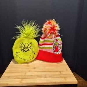 Dr. Seuss The Grinch Kid Hats Embroidered Patch Pom Pom Set of 2 Holiday Cartoon